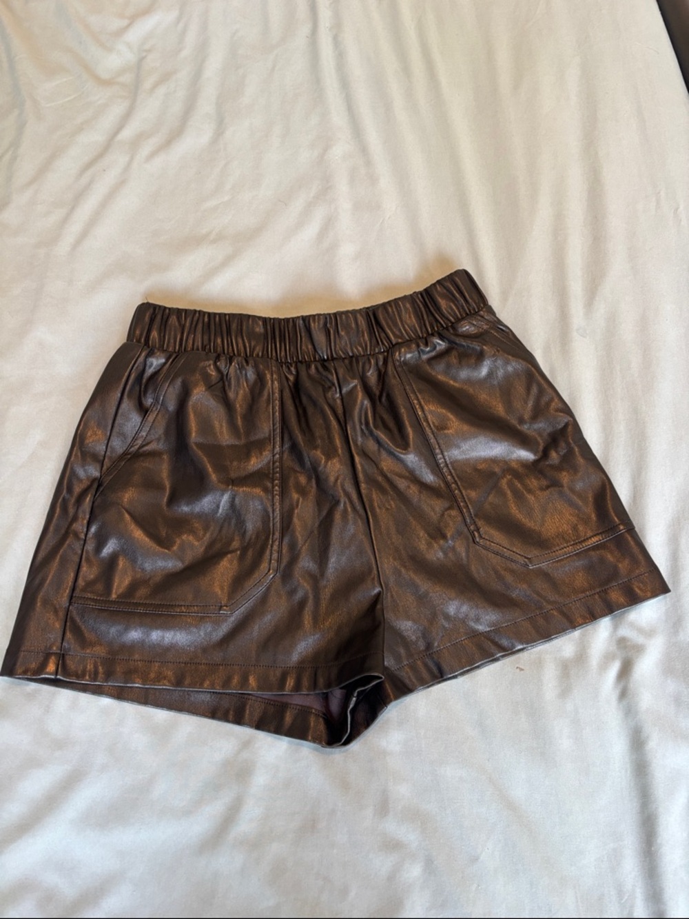 Faux Leather Elastic-Waist Brown Women's Shorts